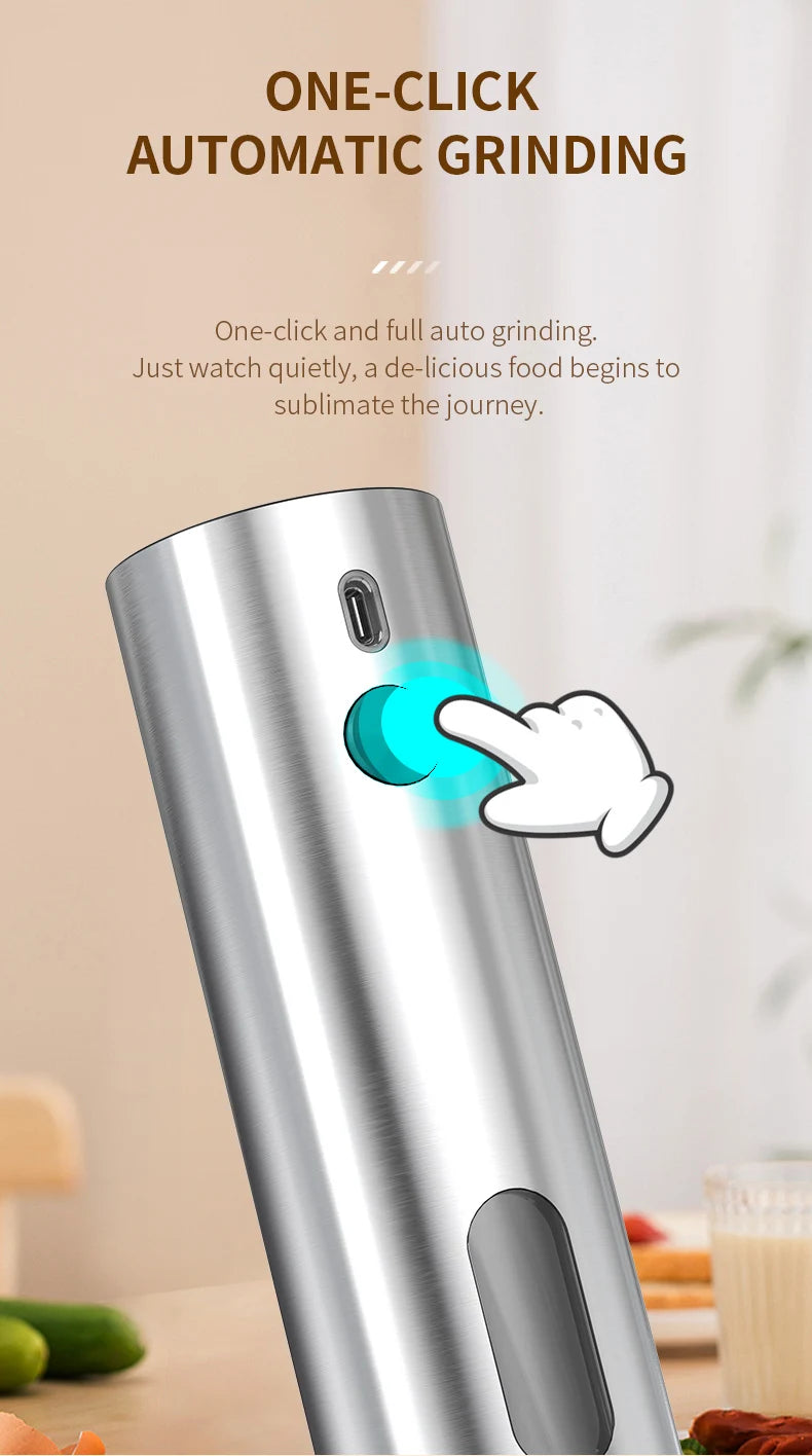Electric Salt & Pepper Grinder Set – USB Rechargeable Stainless Steel Mills with 6-Level External Coarseness & LED Light (110ml)
