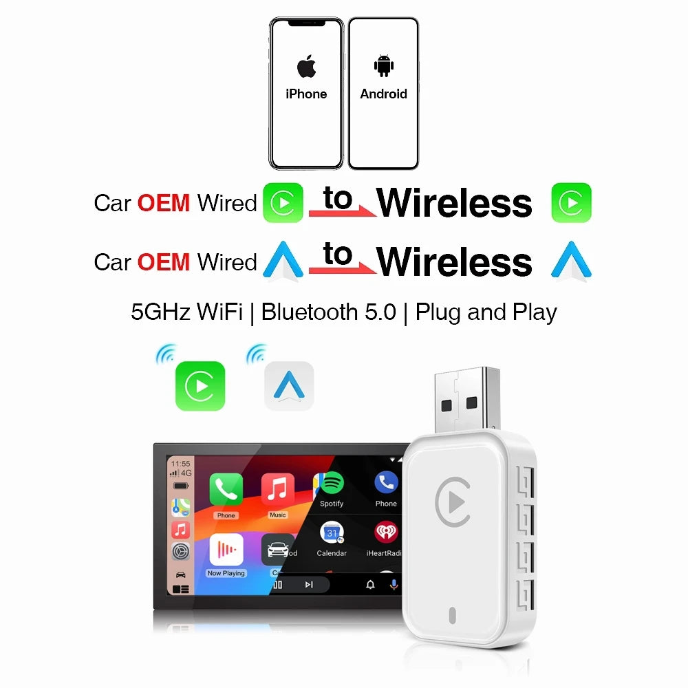 Wireless Android Auto & CarPlay Adapter – Wired to Wireless Smart Box USB Plug & Play with WiFi Auto Connect