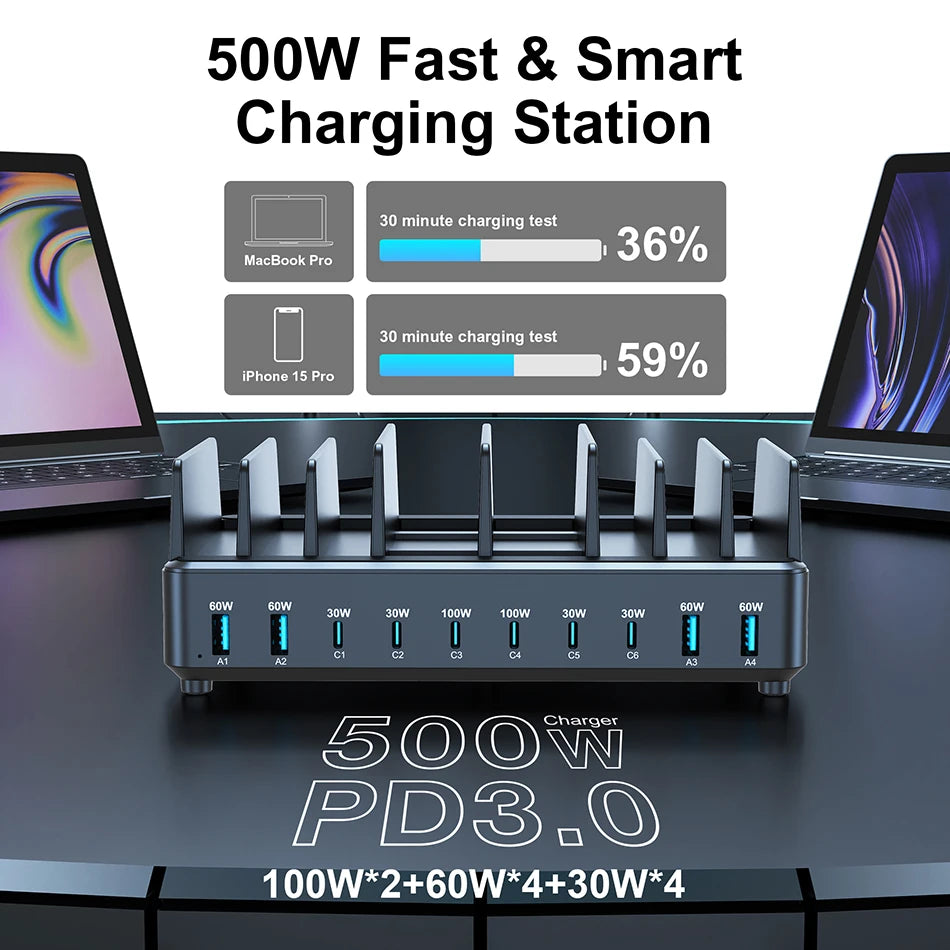 500W GaN Desktop Charging Station – 7 USB-C + 4 USB-A PD Fast Charger for Phones & Laptops