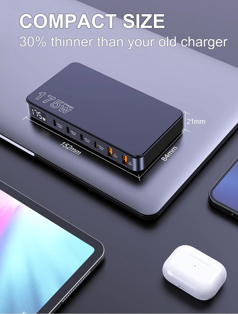 175W USB-C GaN Desktop Charger – LED Display, PD 100W, QC 60W Multi-Device