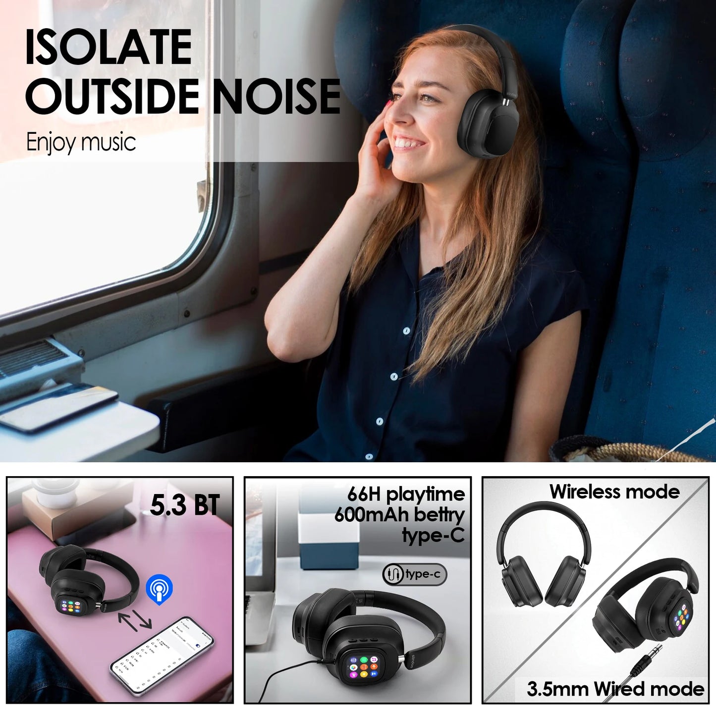 JH-ANC930PLUS Hybrid ANC Bluetooth Headphones – Touch Screen, 70H Playtime