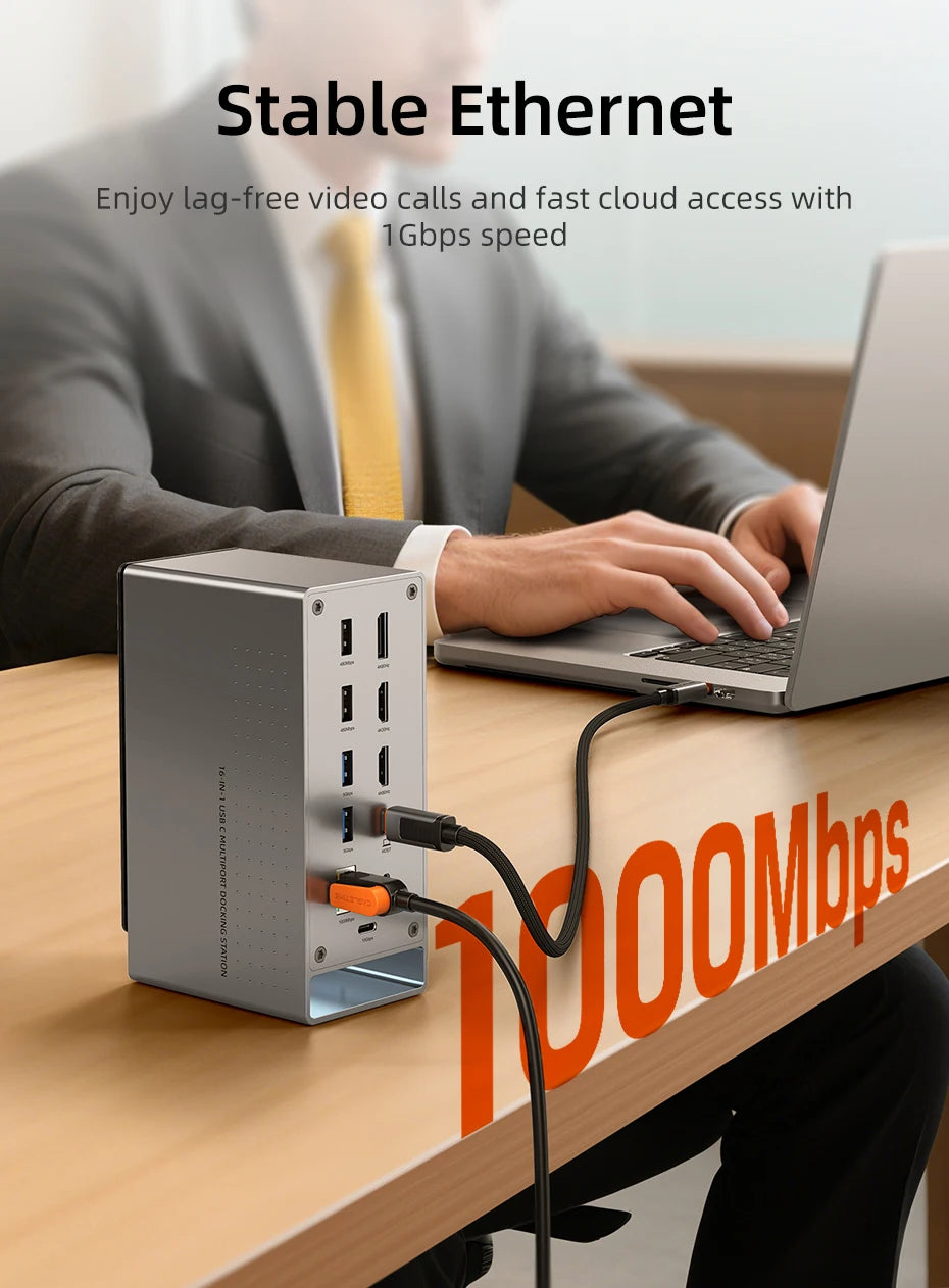 16-in-1 USB-C & USB-A Docking Station – HDMI VGA RJ45 Card Reader Hub for Laptop & Steam Deck