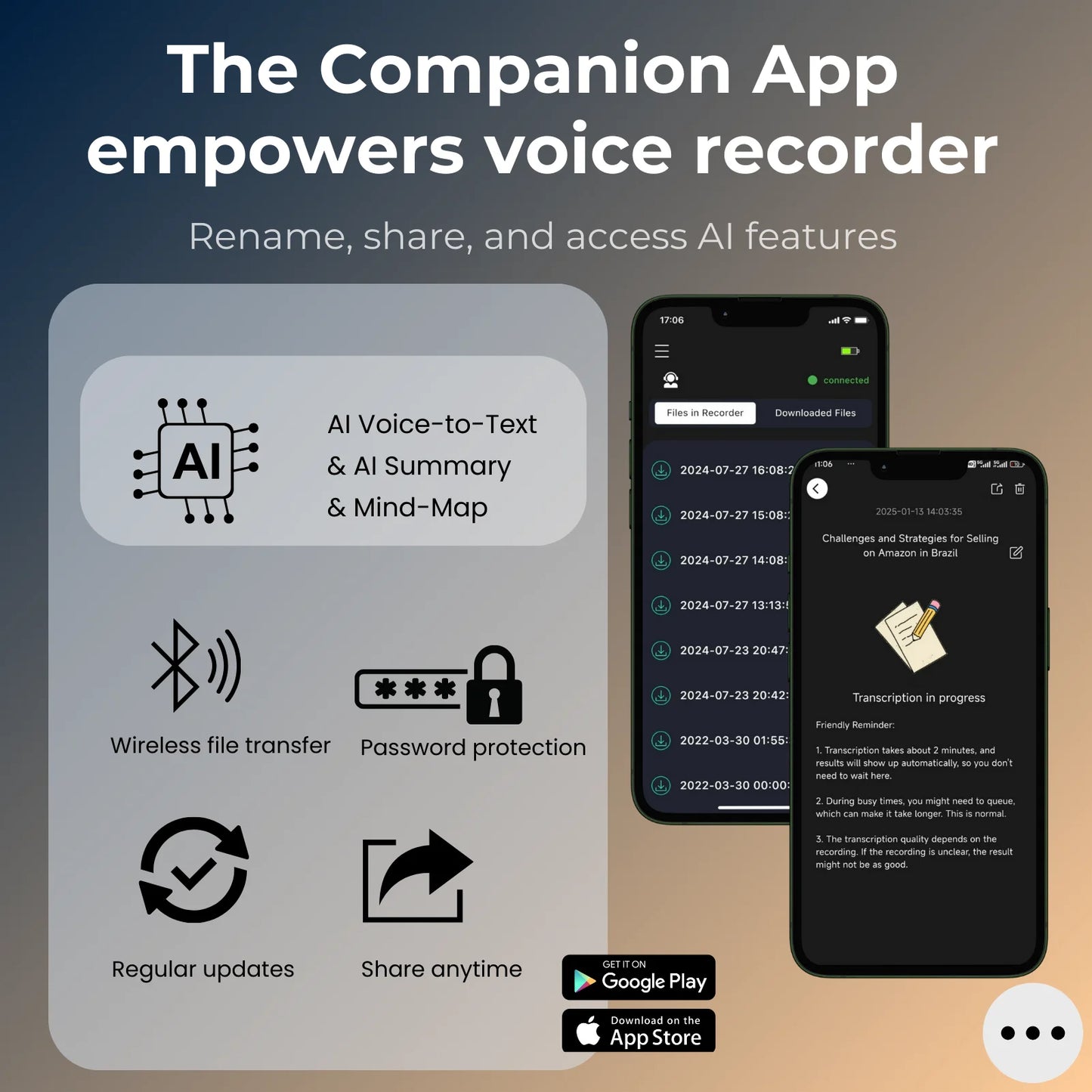 AI Voice Recorder 64GB – 30H Battery, WAV Audio, App-Powered Transcription