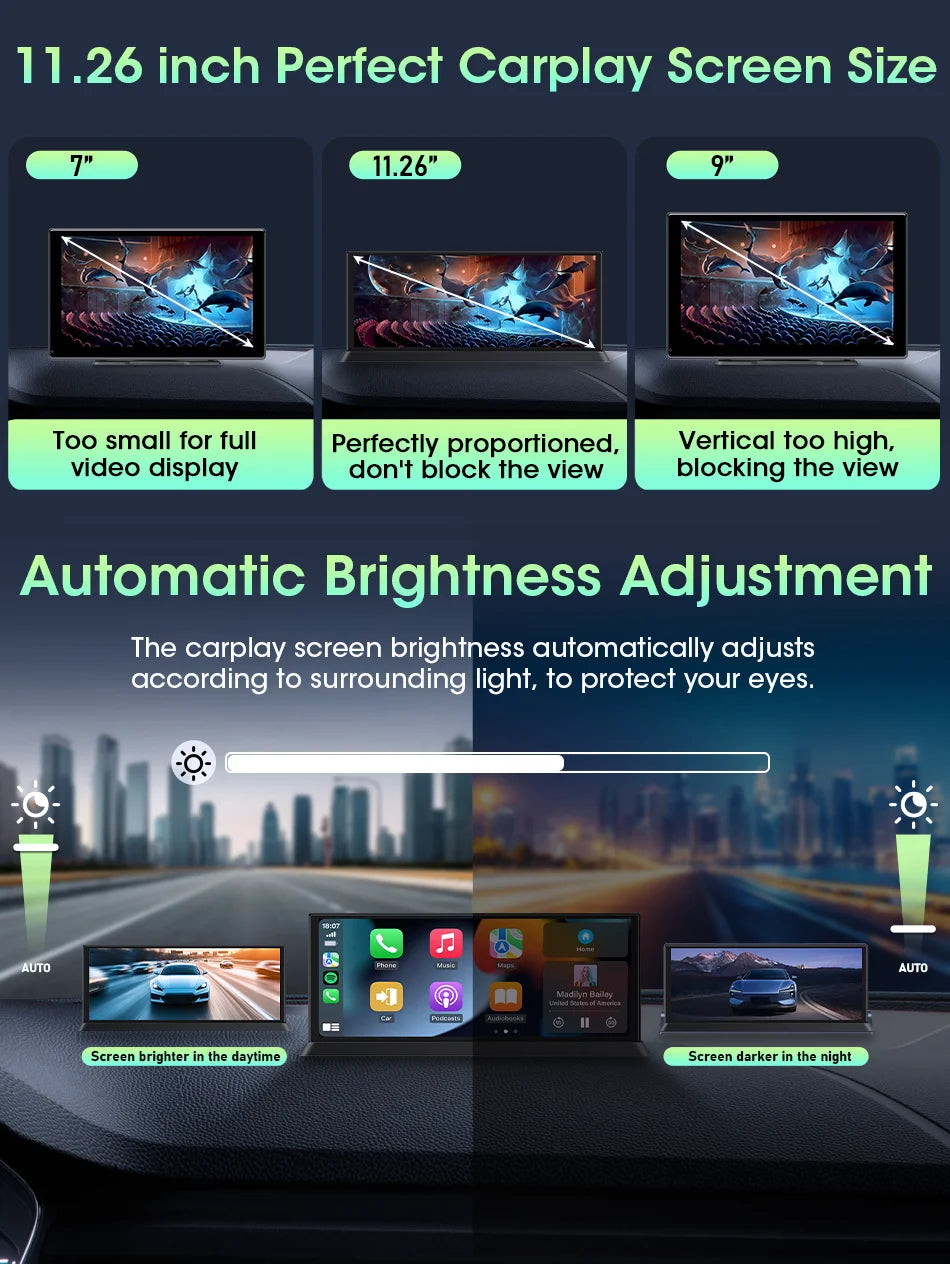 Jansite 10.26"/11.26" Wireless Apple CarPlay & Android Auto Screen with 4K Dash Cam Support