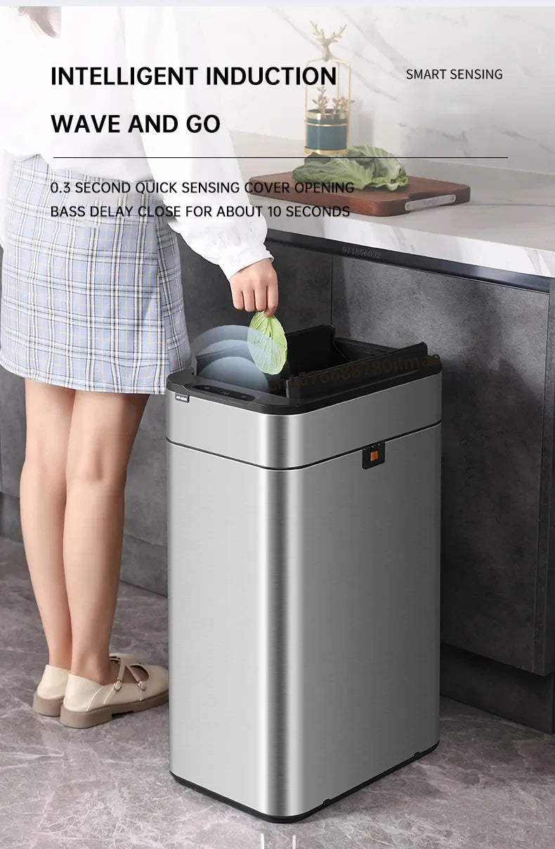 mart Stainless Steel Trash Can 20–60L – Touchless Sensor Kitchen Bin with Wheels