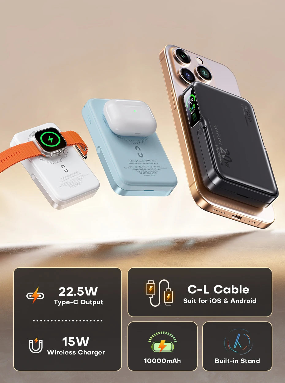 10000mAh Wireless Power Bank – 3-in-1 Magnetic Charger with TFT Display & Stand