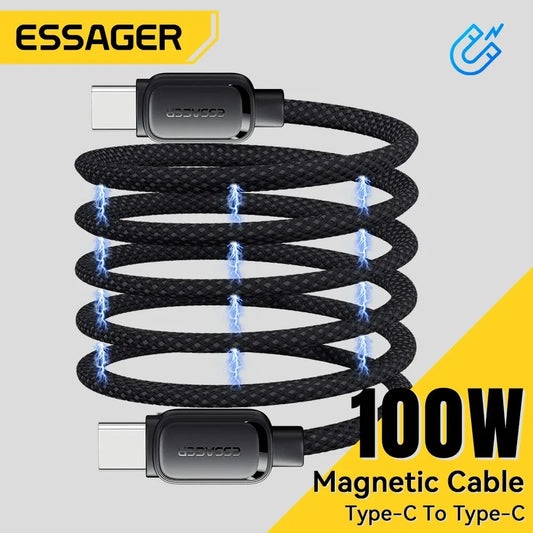 PD 100W Magnetic USB-C Cable – Fast Charging Type-C to Type-C Anti-Tangle Cord