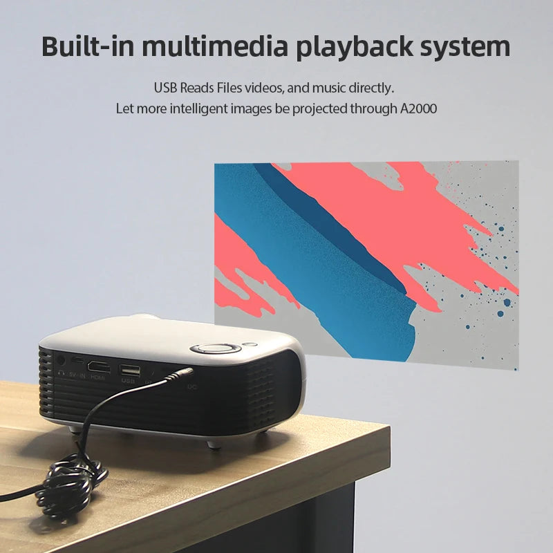 A2000 Compact Mini Projector – 1000 Lumens LED, HDMI Input, Home Entertainment