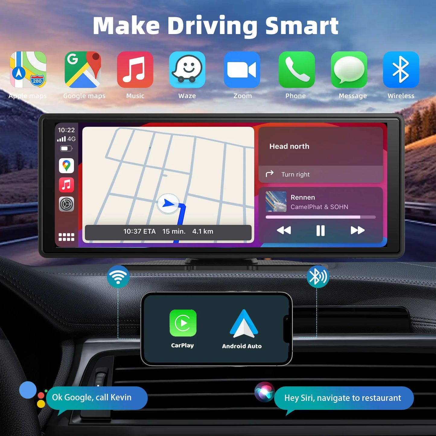 Pionray 10.26” Portable Wireless CarPlay & Android Auto Screen with Dual Camera Support