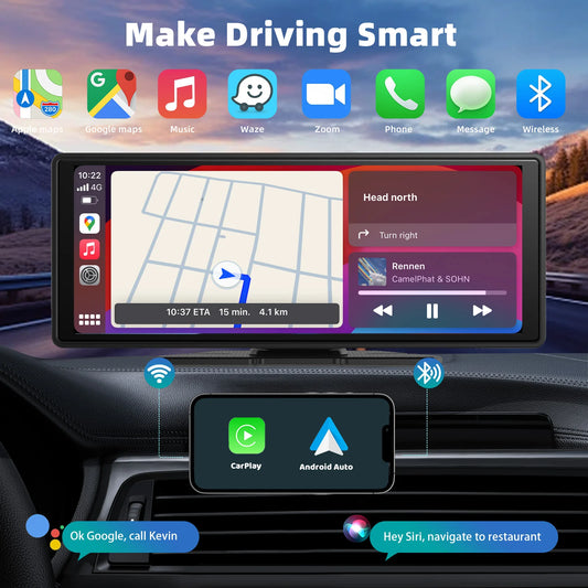 Pionray 10.26” Portable Wireless CarPlay & Android Auto Screen with Dual Camera Support