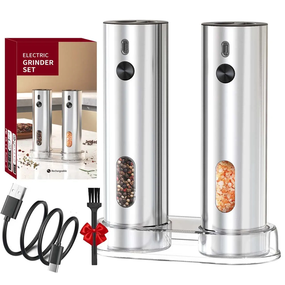 Electric Salt & Pepper Grinder Set – USB Rechargeable Stainless Steel Mills with 6-Level External Coarseness & LED Light (110ml)
