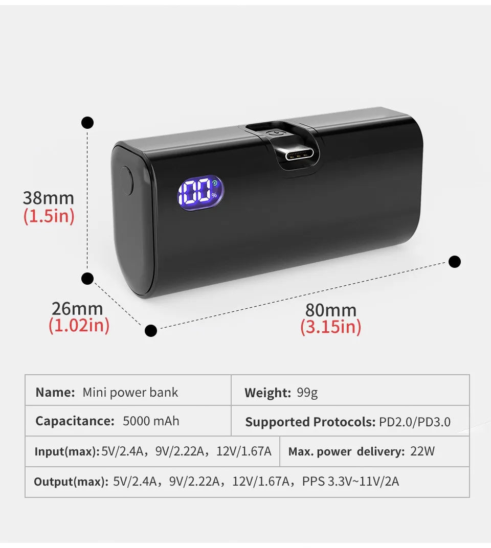 Pocket Power Bank 5000mAh – 22W PD Fast Charge with Foldable Plug