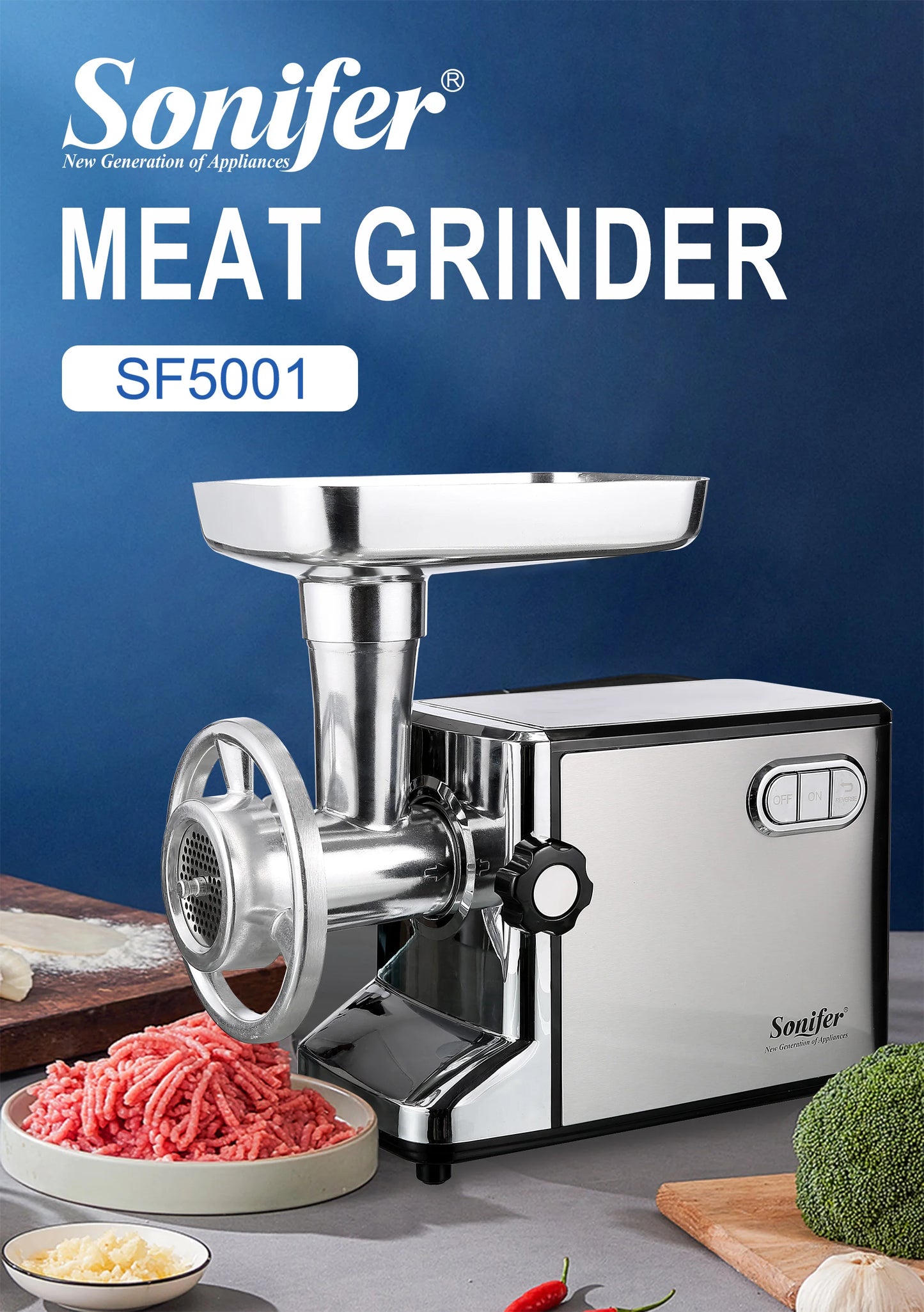 SONIFER Heavy Duty Meat Grinder – 3000W Max Power, Stainless Steel Mincer with Sausage Maker