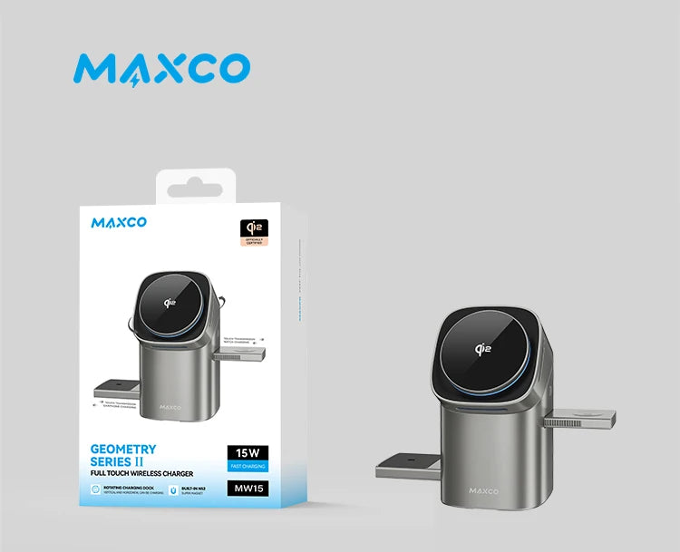 Maxco MW15 Qi2 Auto Rotate Magnetic Wireless Charging Stand – 3-in-1 Fast Charge