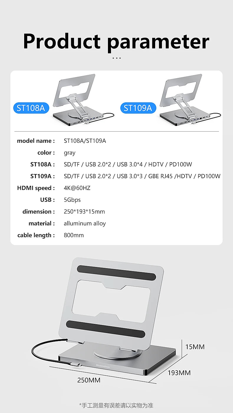 Aluminum Laptop Stand Hub 10-in-1 – USB-C Dock with 4K@60Hz HDMI, SD/TF & RJ45