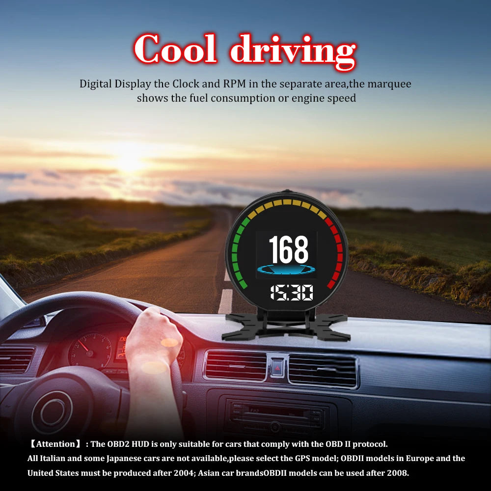 P15 OBD Smart Head-Up Display – Digital Speedometer, RPM, Water & Oil Temperature, Turbo Pressure, OBD2 Multi-Function HUD