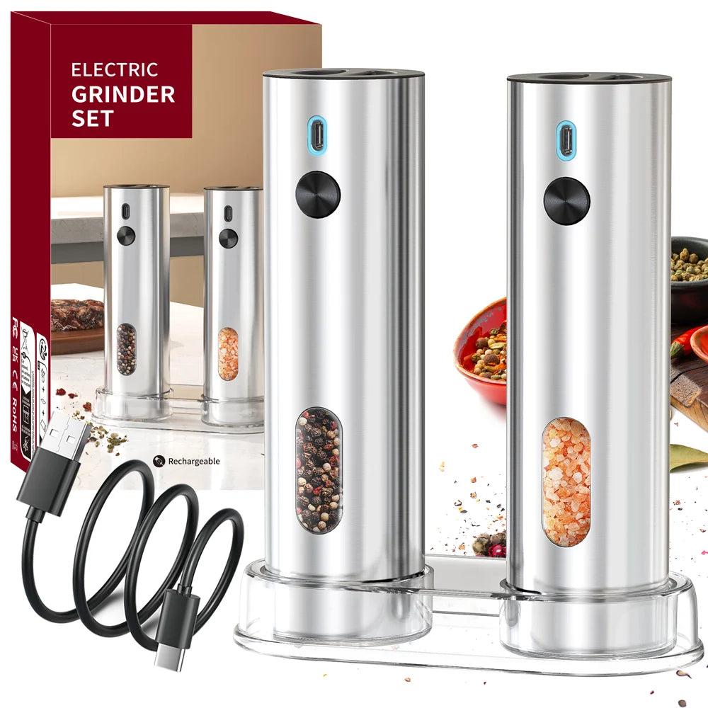 Electric Salt & Pepper Grinder Set – USB Rechargeable Stainless Steel Mills with 6-Level External Coarseness & LED Light (110ml)