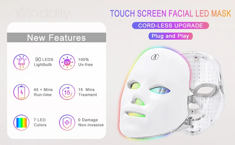 Windaily LED Face Mask with 7 Light Modes – Wireless USB Charging Beauty Therapy