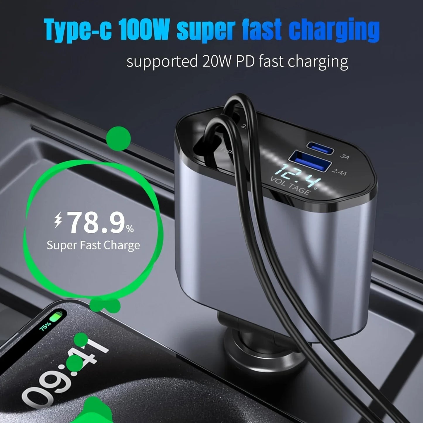 4-in-1 Retractable Car Charger with Starry Sky Ambient Light – USB-C Fast Charging & Dual Built-In Cables (12–24V Universal)