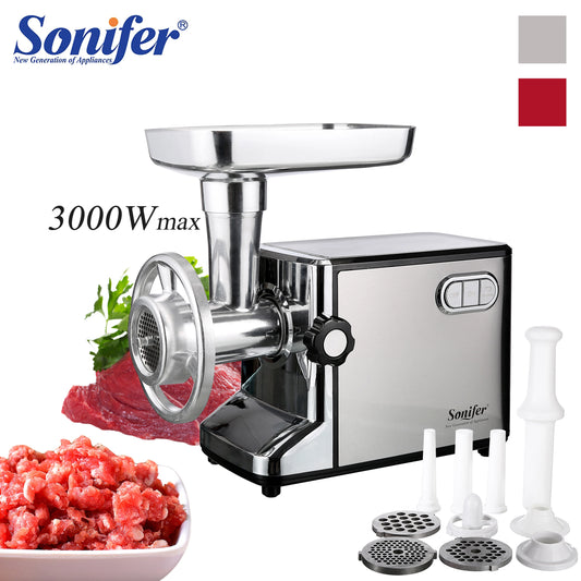 SONIFER Heavy Duty Meat Grinder – 3000W Max Power, Stainless Steel Mincer with Sausage Maker