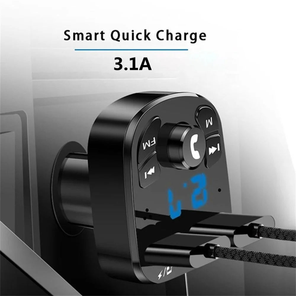 Bluetooth 5.0 Car FM Transmitter with Dual USB Fast Charging, Hands-Free Calls & LED Voltage Display (12V–24V)