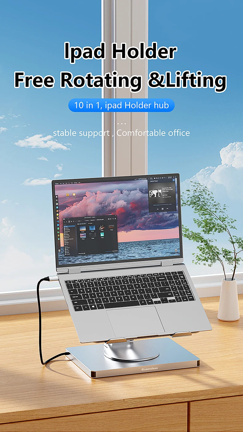 Aluminum Laptop Stand Hub 10-in-1 – USB-C Dock with 4K@60Hz HDMI, SD/TF & RJ45