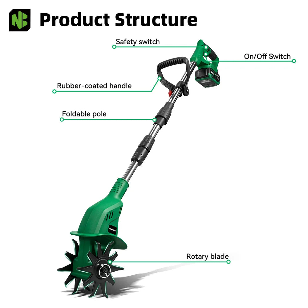NewBeny Cordless Garden Cultivator 21V 1600W High Power Tiller with 150mm Blade