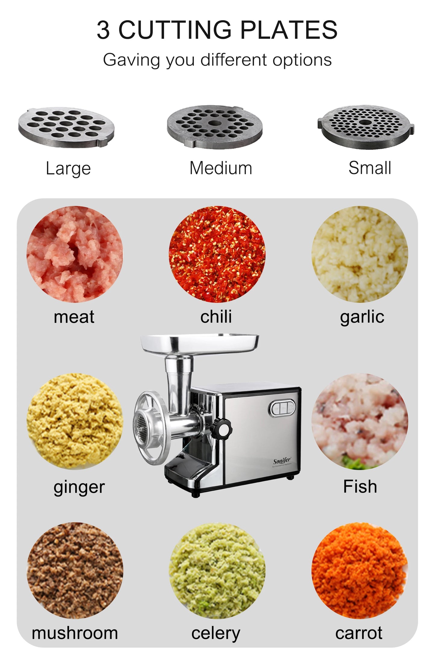 SONIFER Heavy Duty Meat Grinder – 3000W Max Power, Stainless Steel Mincer with Sausage Maker