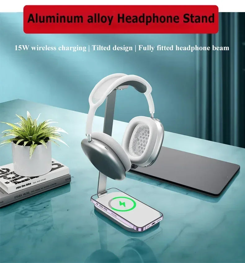 Premium Aluminium Headphone Stand with 15W Wireless Charging – Heavy Base Desk Holder