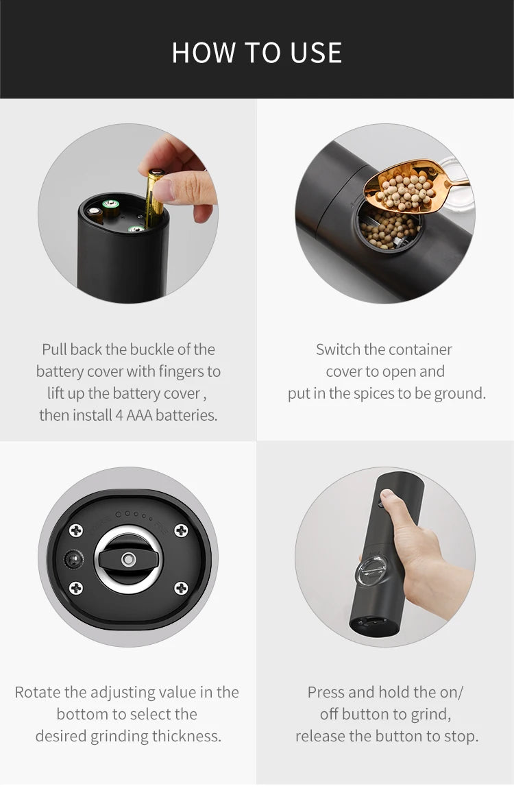 Automatic Gravity Pepper Grinder – LED Light Adjustable Coarseness Battery Operated