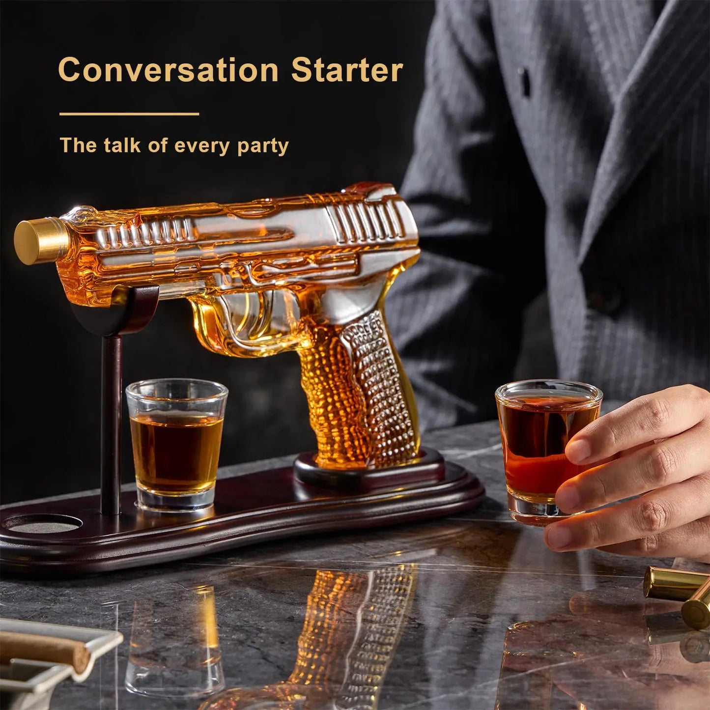 Buyyes Gun Shaped Whiskey Decanter – Handmade Lead-Free Glass Bar Display Gift