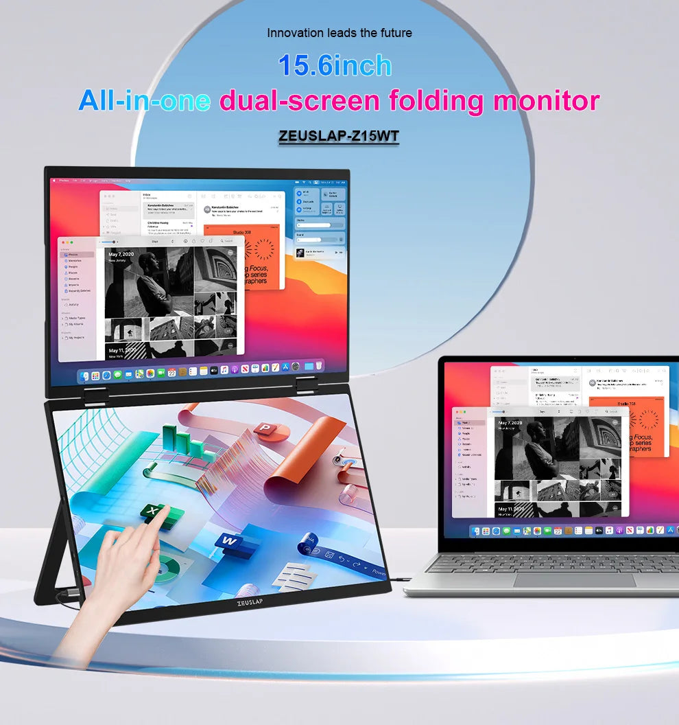 ZEUSLAP Z15WT 15.6″ Dual Touch Portable Monitor | Foldable Laptop Screen Extender | FHD IPS HDR10 | Thunderbolt USB-C