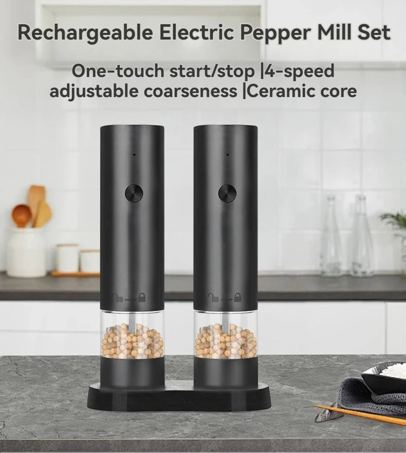 Electric Salt & Pepper Grinder – USB Rechargeable Automatic Spice Mill with Adjustable Grind