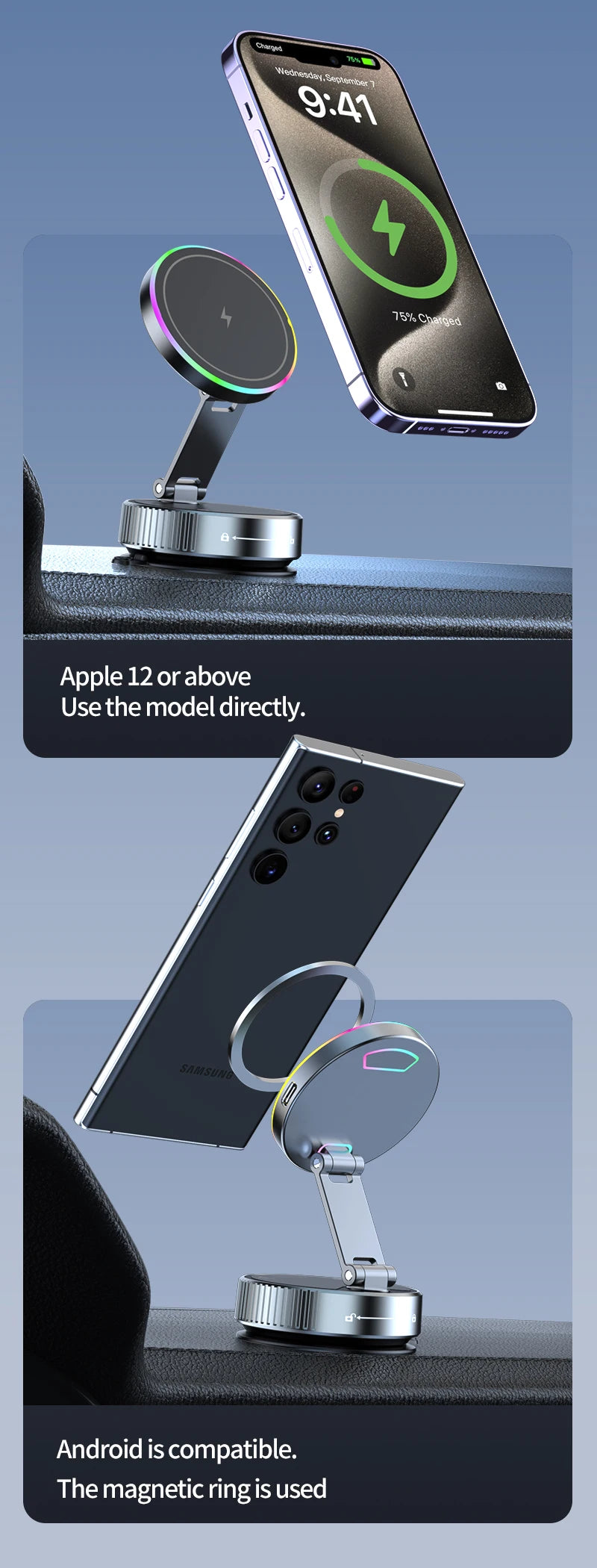 Aluminium Magnetic Car Holder with Wireless Charging – iPhone Compatible