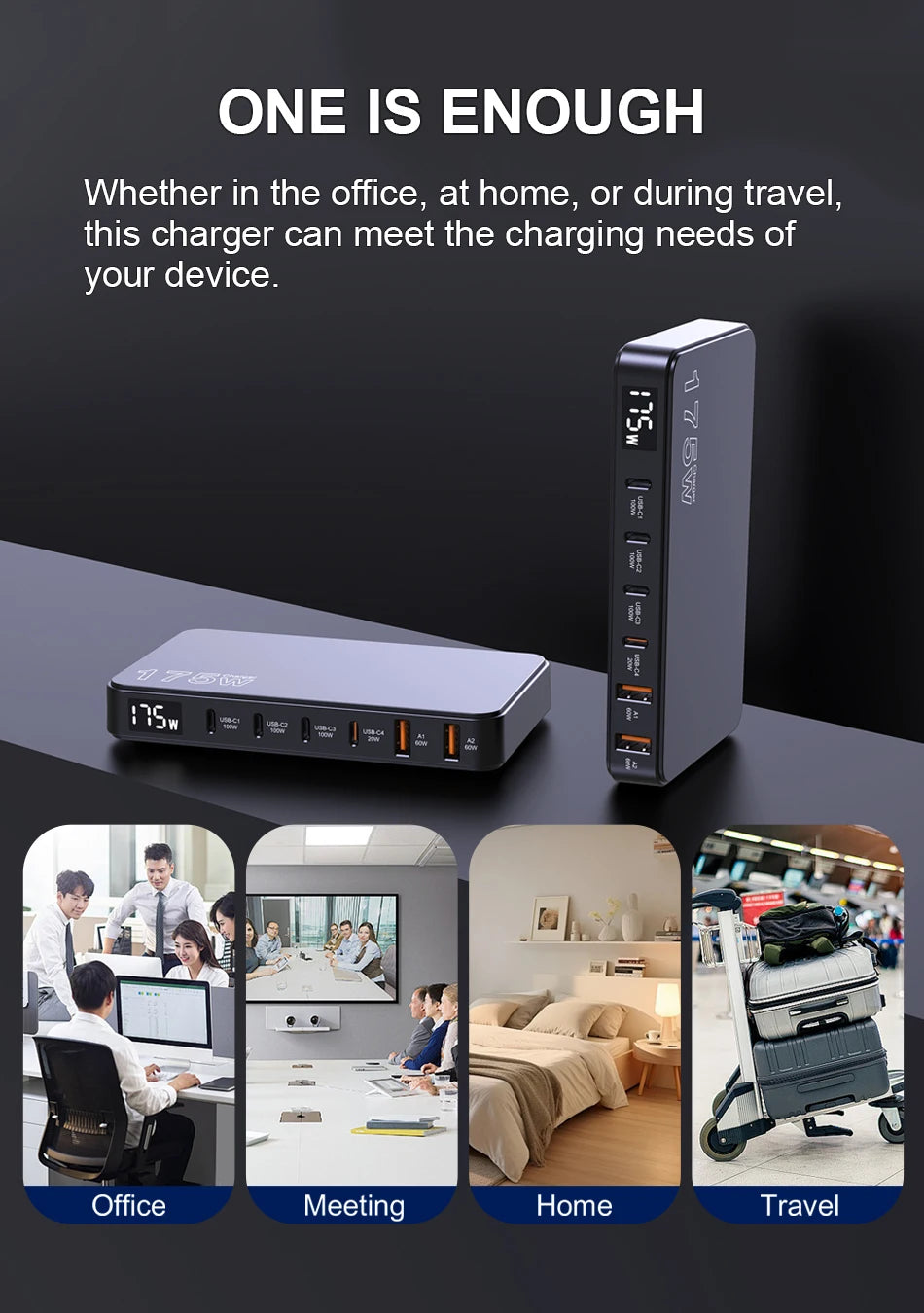 175W USB-C GaN Desktop Charger – LED Display, PD 100W, QC 60W Multi-Device