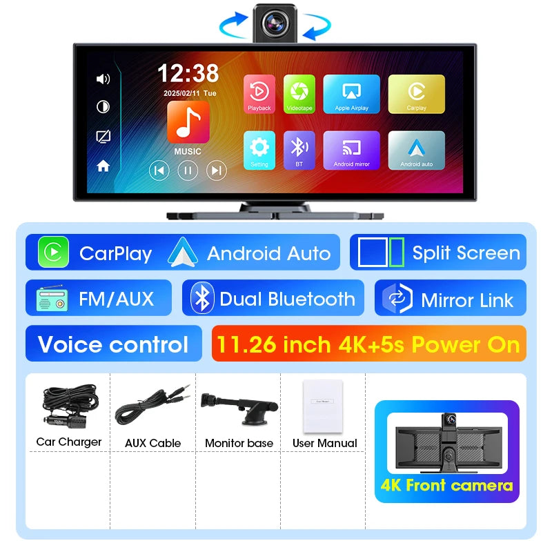 T369 11.26″ Wireless CarPlay Screen with 4K Rotatable Camera