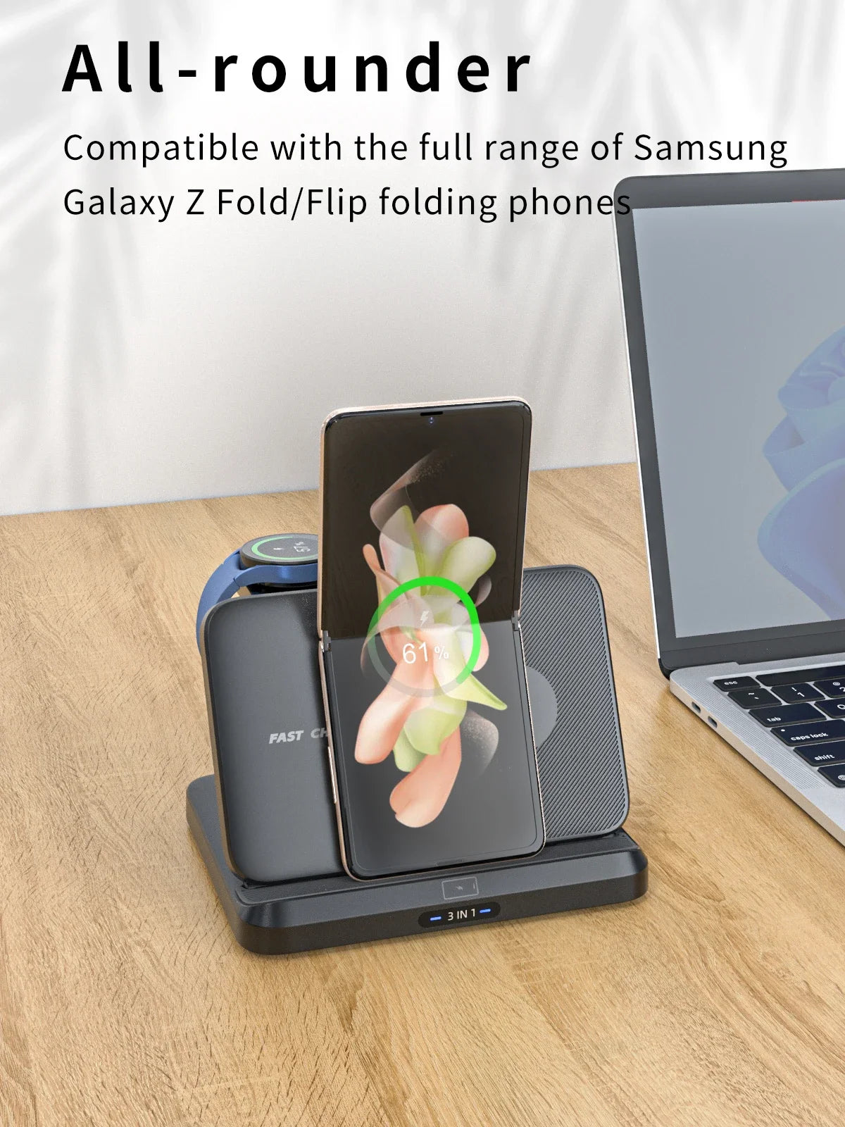 VIKEFON Foldable 3-in-1 Wireless Charger with Cooling Fan for Samsung Devices