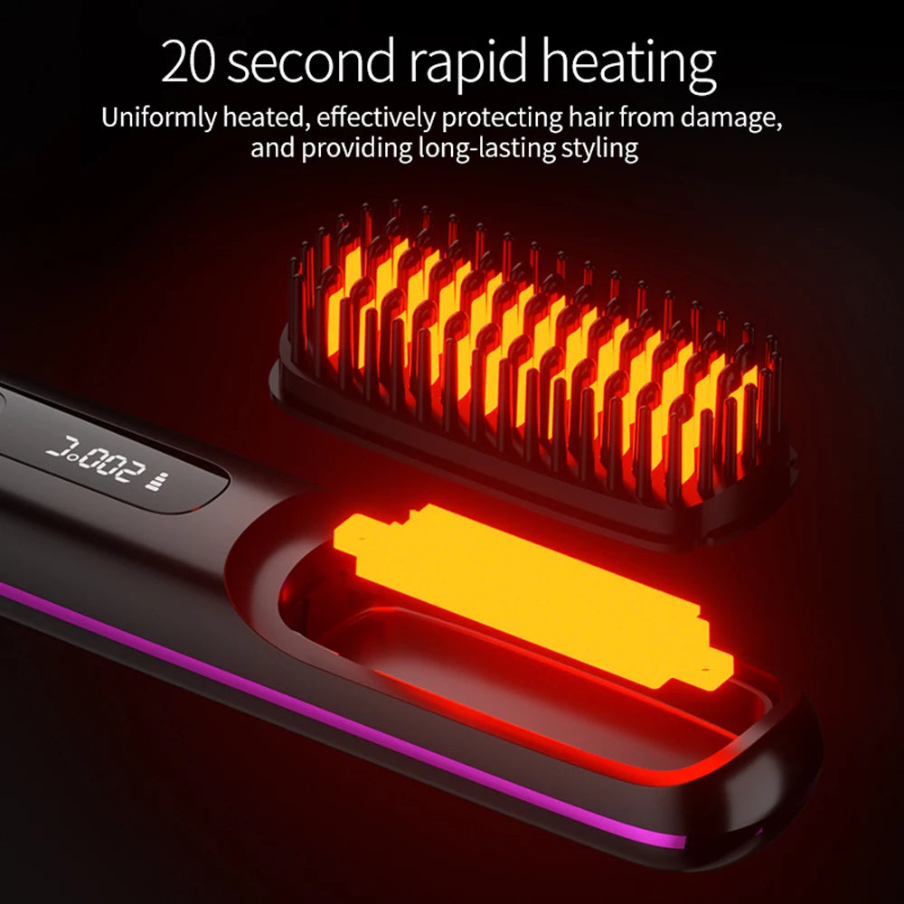 Cordless Hair Straightener Brush – Wireless Ceramic Heated Comb with Ions