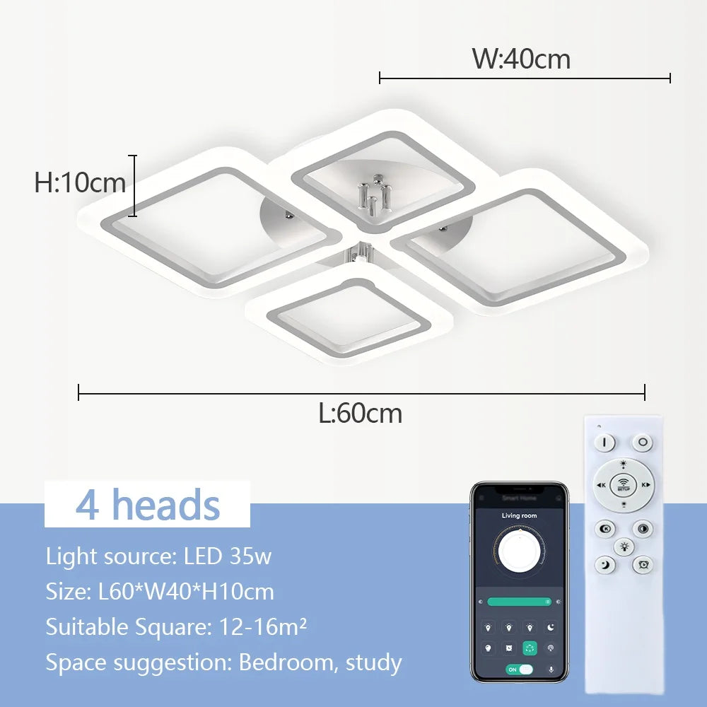 Jelena Modern Square LED Ceiling Lamp | Smart Dimming, 4–10 Head Options
