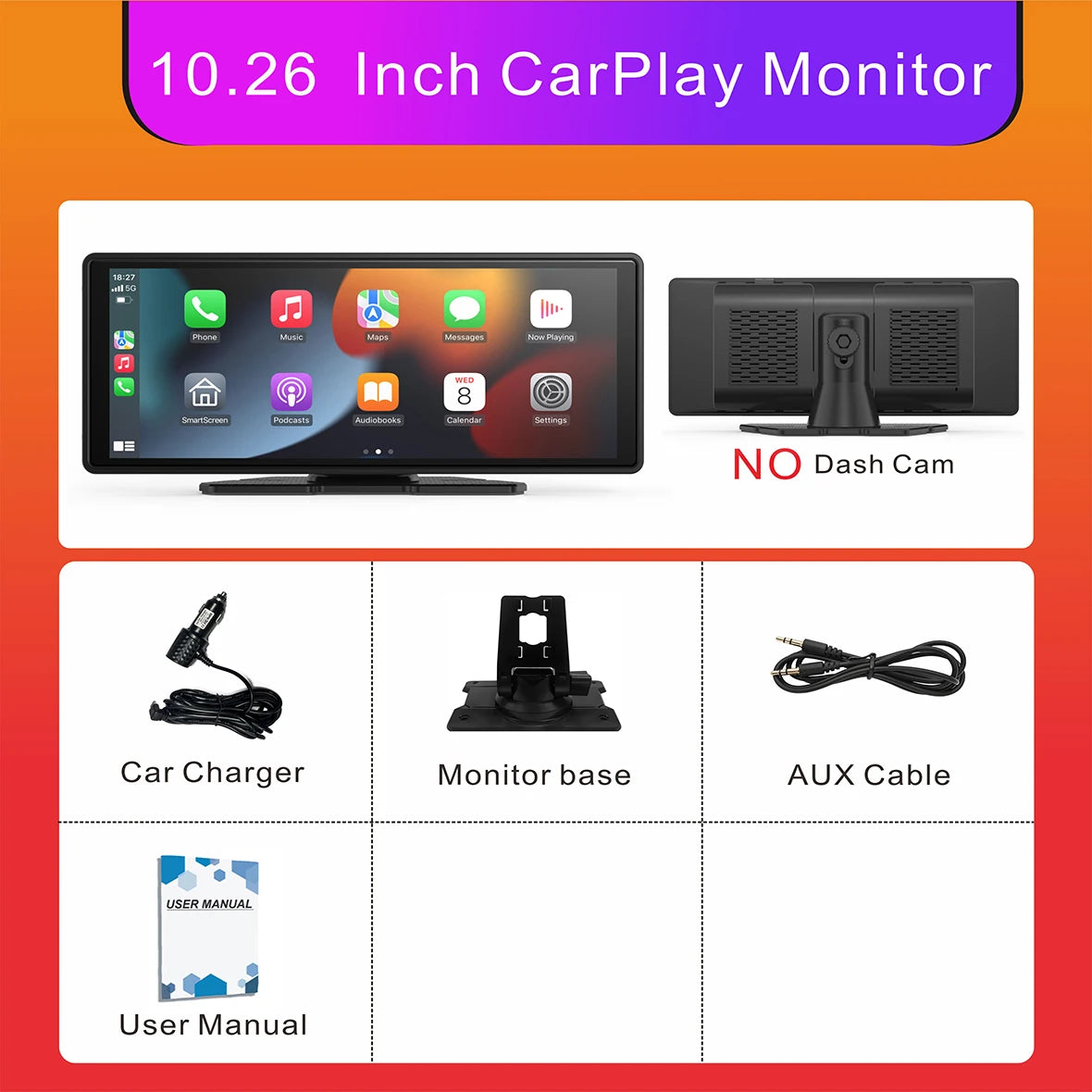 Pionray 10.26” Portable Wireless CarPlay & Android Auto Screen with Dual Camera Support