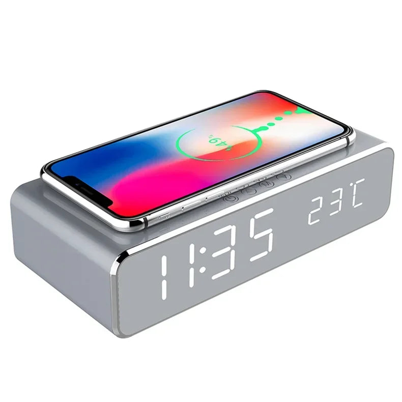 Opansten Wireless Charging Alarm Clock – 5W Qi Charger with Time, Temperature & LED Display