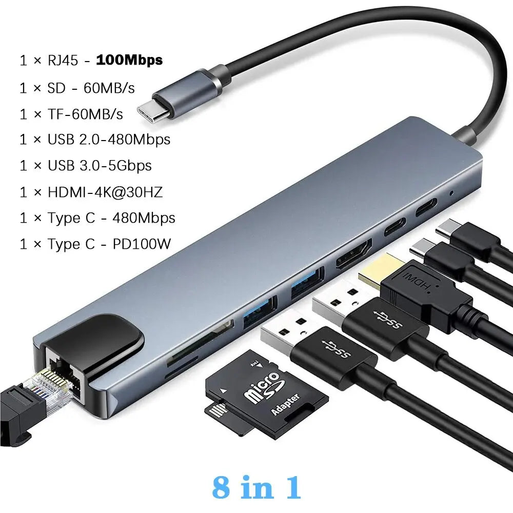 Type-C Hub 8-Port – 4K HDMI, LAN, USB 3.0, SD/TF, 100W PD Adapter
