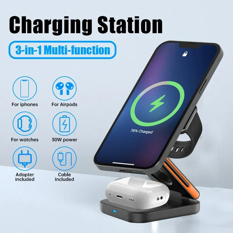 30W Magnetic Wireless Charger Stand – iPhone, Apple Watch & AirPods