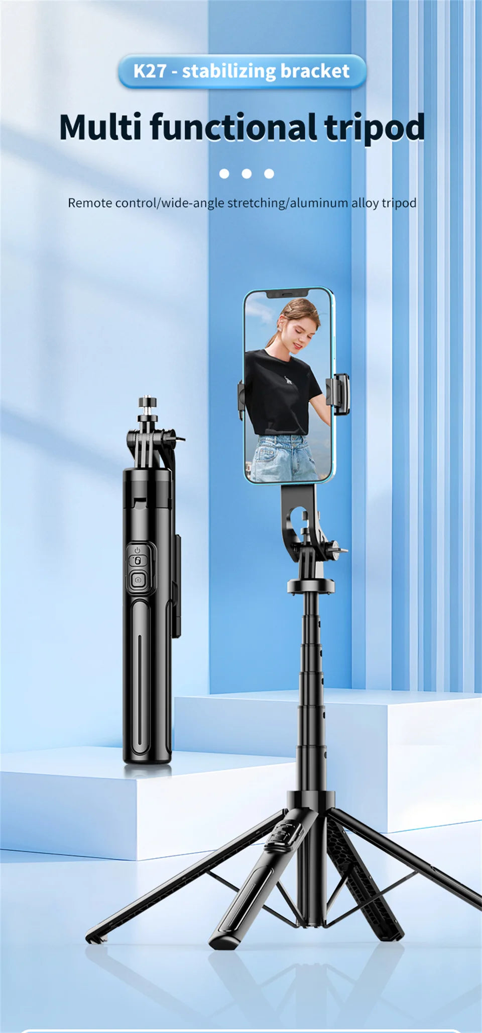 K27 1.3m Bluetooth Selfie Stick with Quad-Pod & Remote