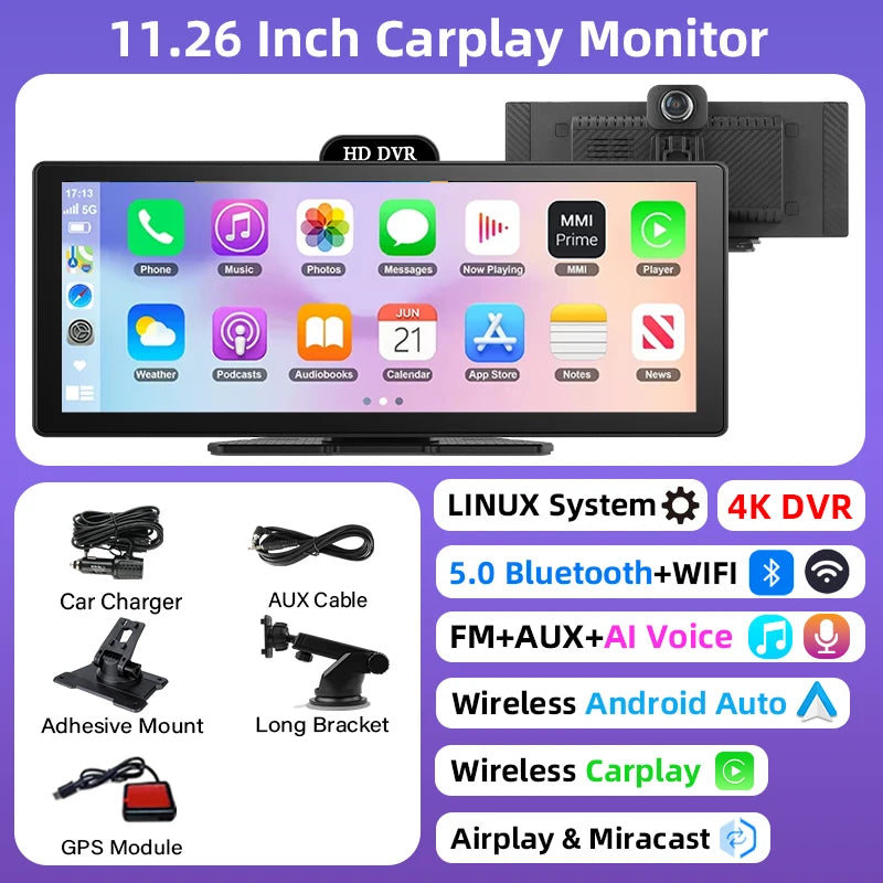 11.26″ 4K Dashboard Dash Cam – Wireless CarPlay & Android Auto, Dual Camera DVR with GPS
