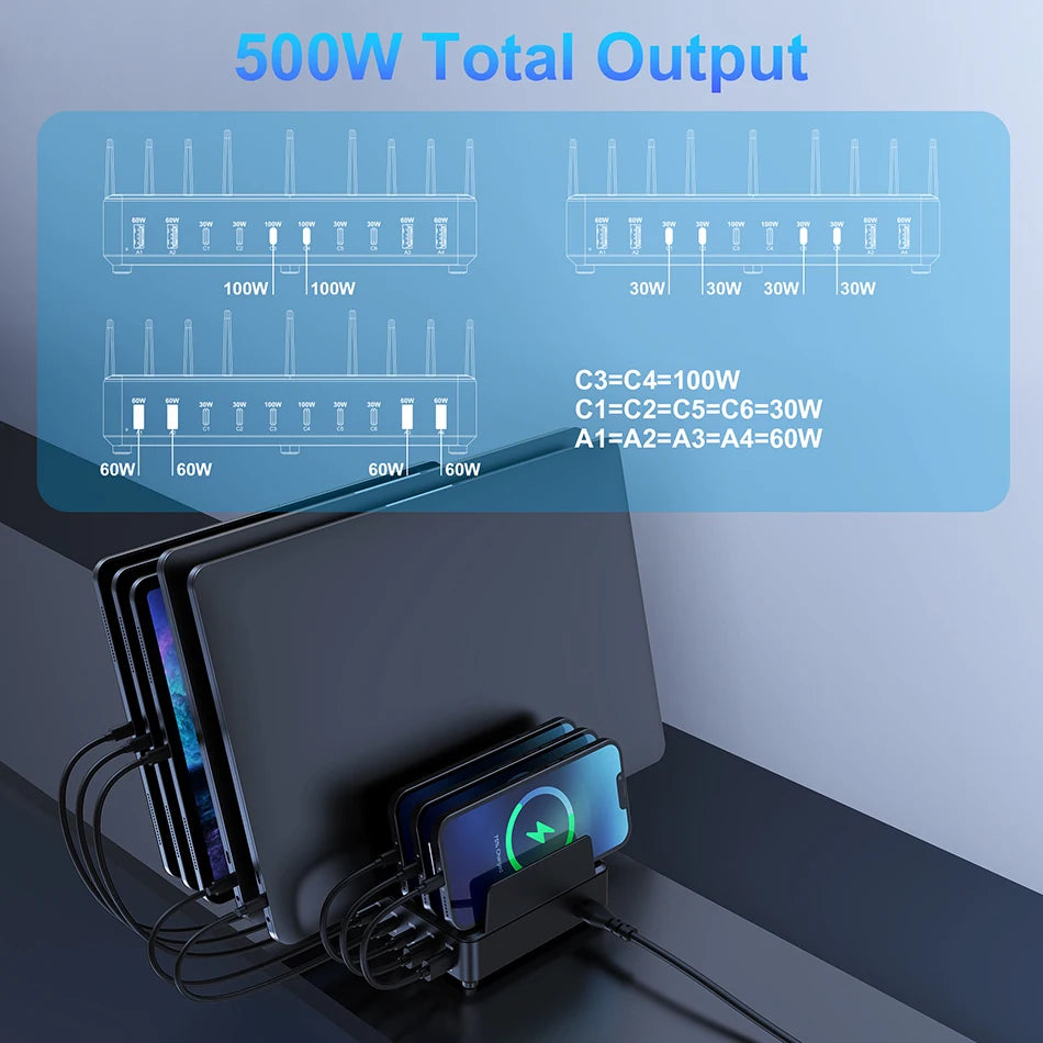 500W GaN Desktop Charging Station – 7 USB-C + 4 USB-A PD Fast Charger for Phones & Laptops