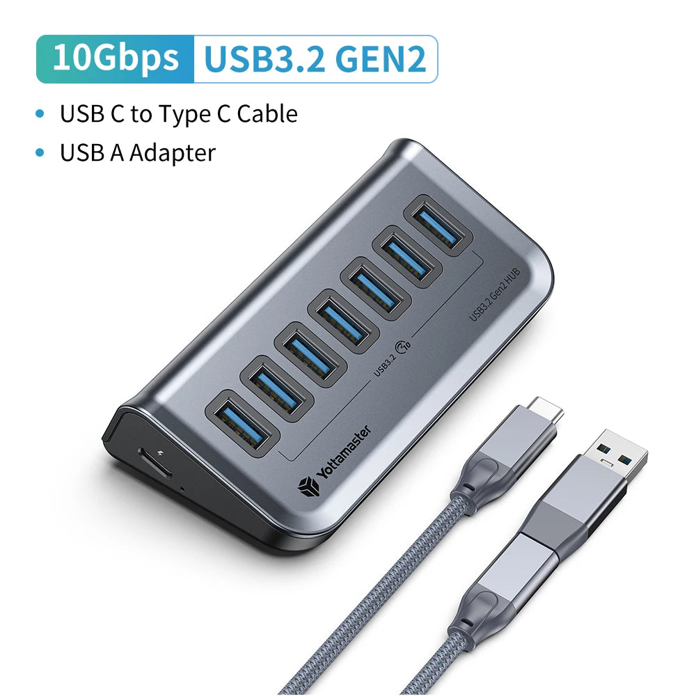 GA1 USB-C Hub with Power Supply – 7 Ports, 10Gbps High-Speed Data Transfer
