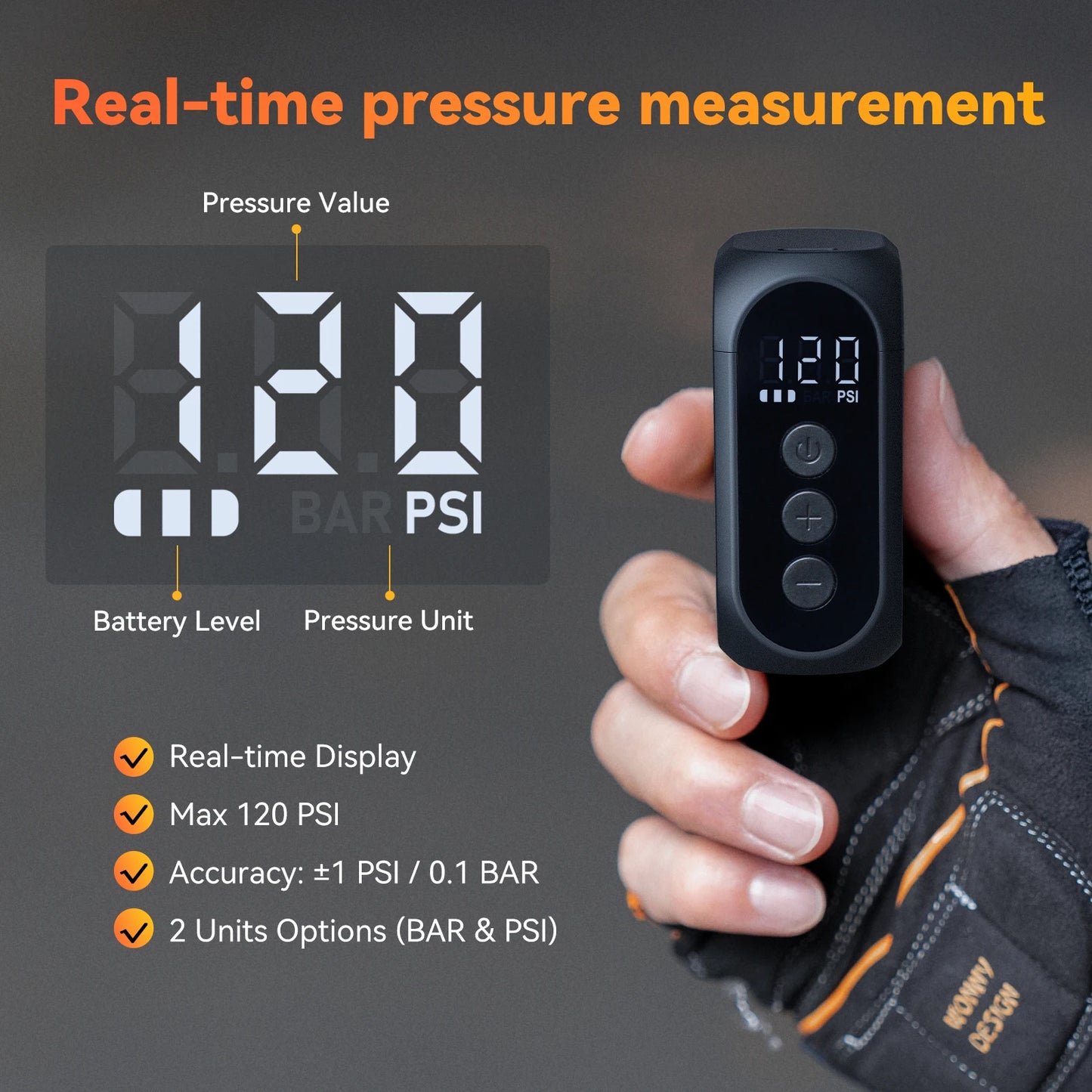 Anoutway AT1 Pro Mini Electric Bike Tire Inflator 120PSI Cordless Pump with Digital Display & Type-C Fast Charging