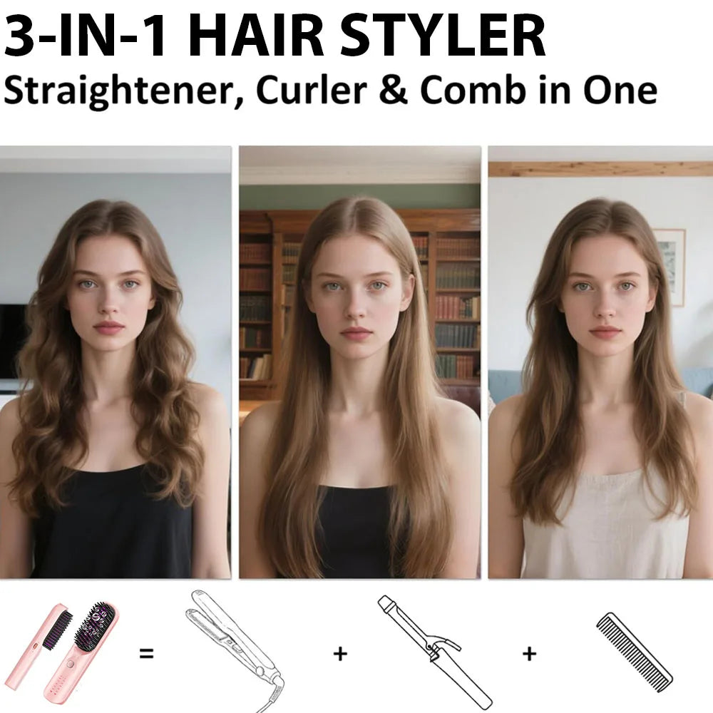 Cordless Hair Straightener Brush – Wireless, Adjustable Heat, Travel-Ready