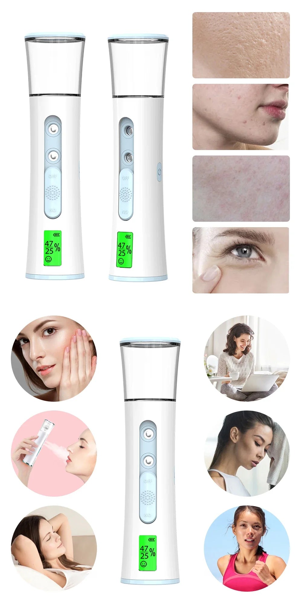 KEMOKO Handheld Nano Facial Sprayer – LED Display Cold Mist Moisturising Beauty Tool